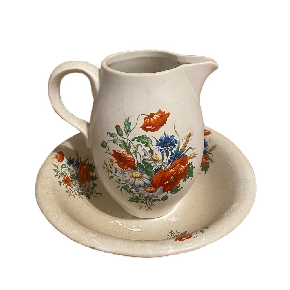 Vintage McCoy Pottery Floral Pitcher & Bowl Red White Blue Ceramic